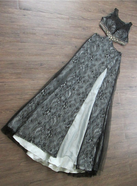 1010a黑色露背开叉外贸长款修身高端手工钉珠宴会晚礼服裙聚会