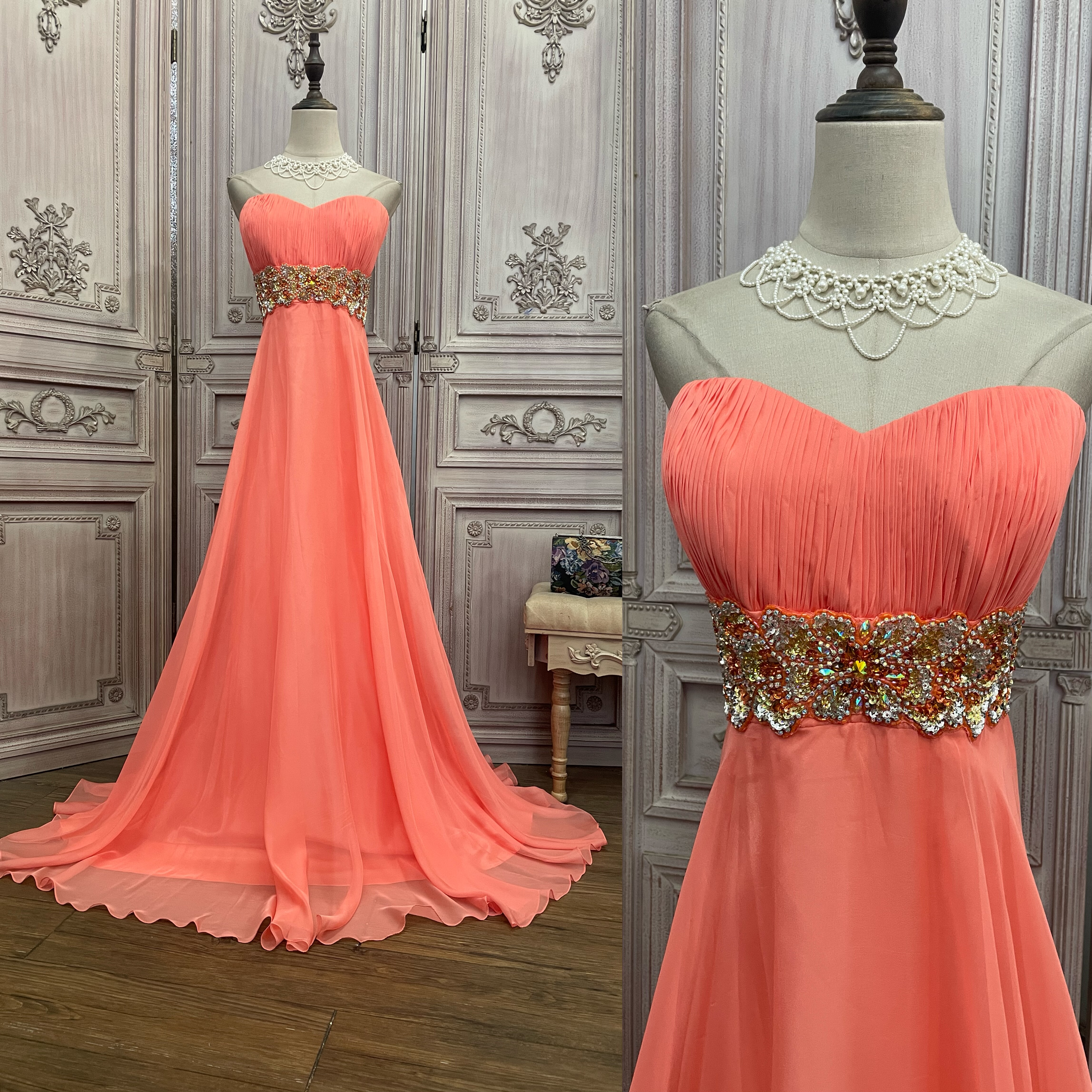 特大码橙色抹胸雪纺长款晚礼服1209c