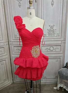 0528b    M码红色单肩手工花蛋糕裙婚庆晚礼服伴娘服表演服