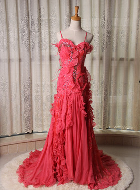 洛森D014红色奢华长款拖尾新娘结婚敬酒服蕾丝外贸原单 晚会裙