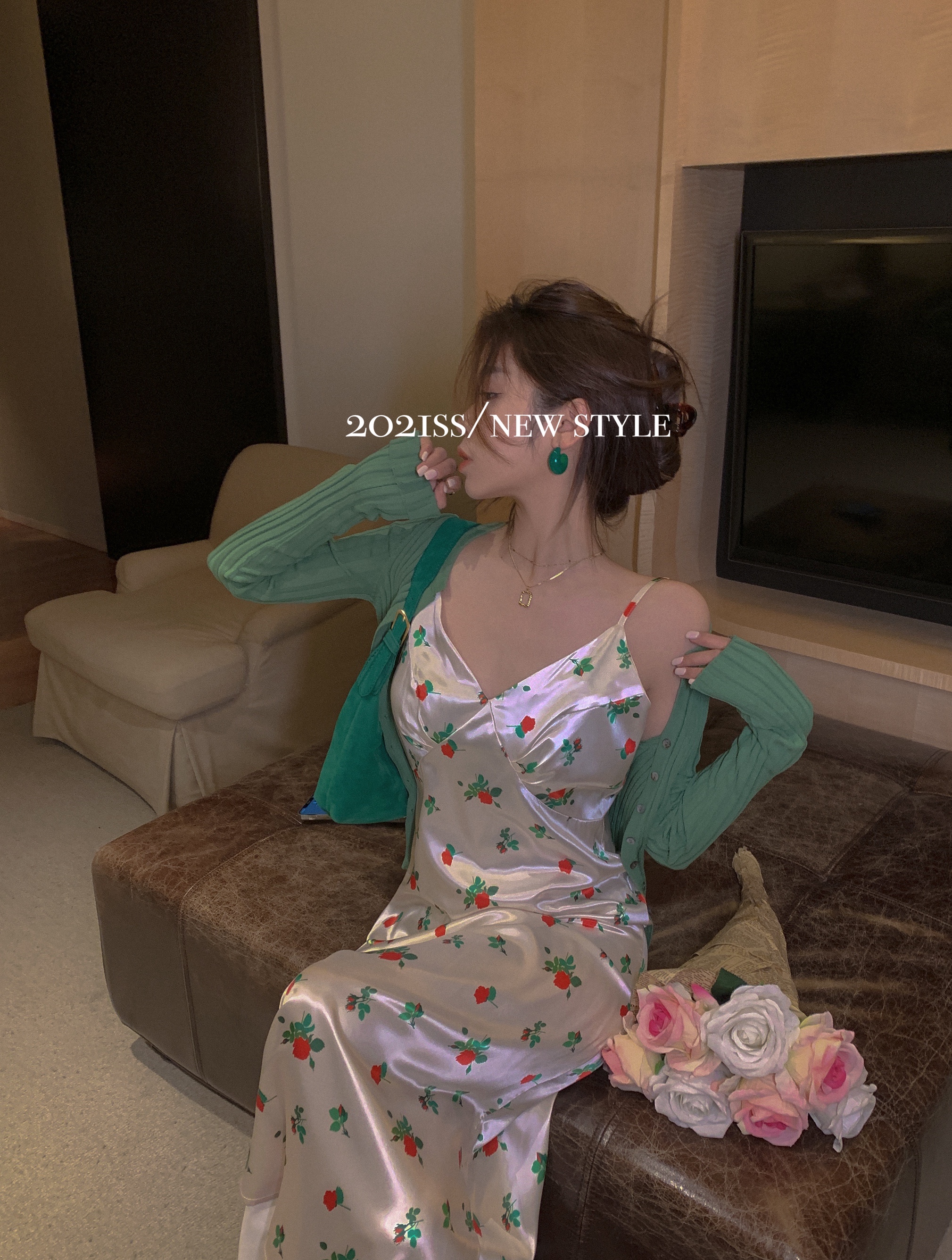 Real shot retro floral Satin suspender dress + Green knitted cardigan