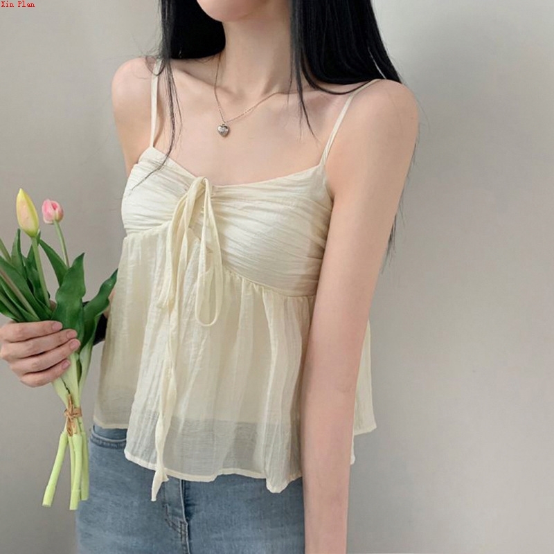 女网纱吊带背心2023春夏大方领上衣Mesh suspender vest female