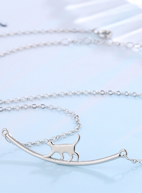 光面弧形微笑脸银白色猫咪锁骨链