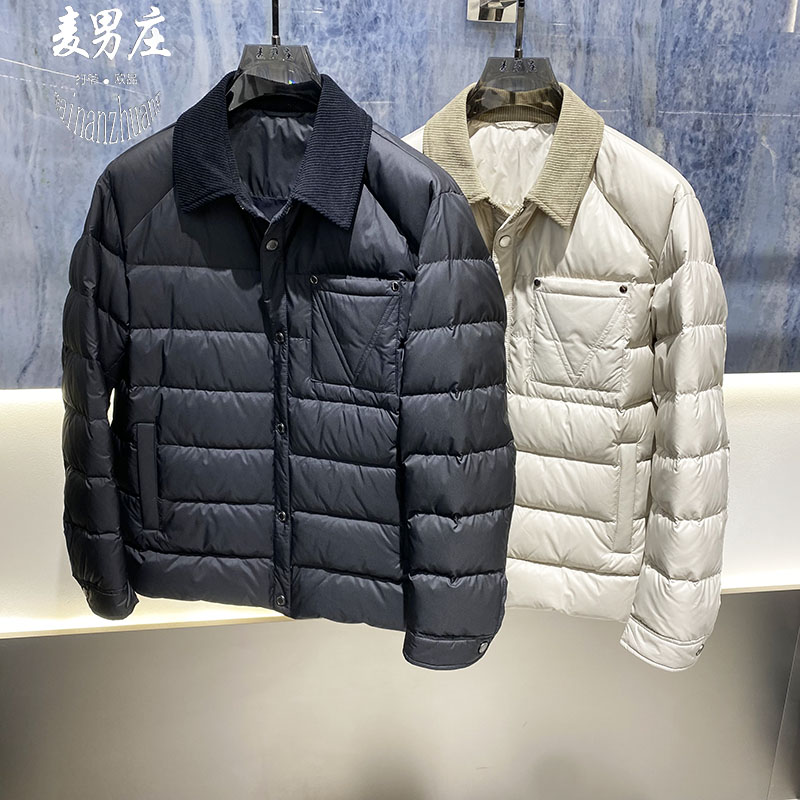 高端欧货男士冬季新款2025白鸭绒羽绒服夹克外套灯芯绒翻领修身韩