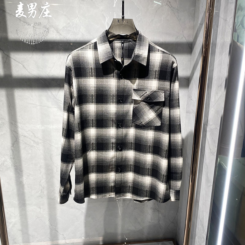 欧潮男士26秋冬新款拼色个性渐变格子长袖衬衫商务休闲时尚轻奢爆