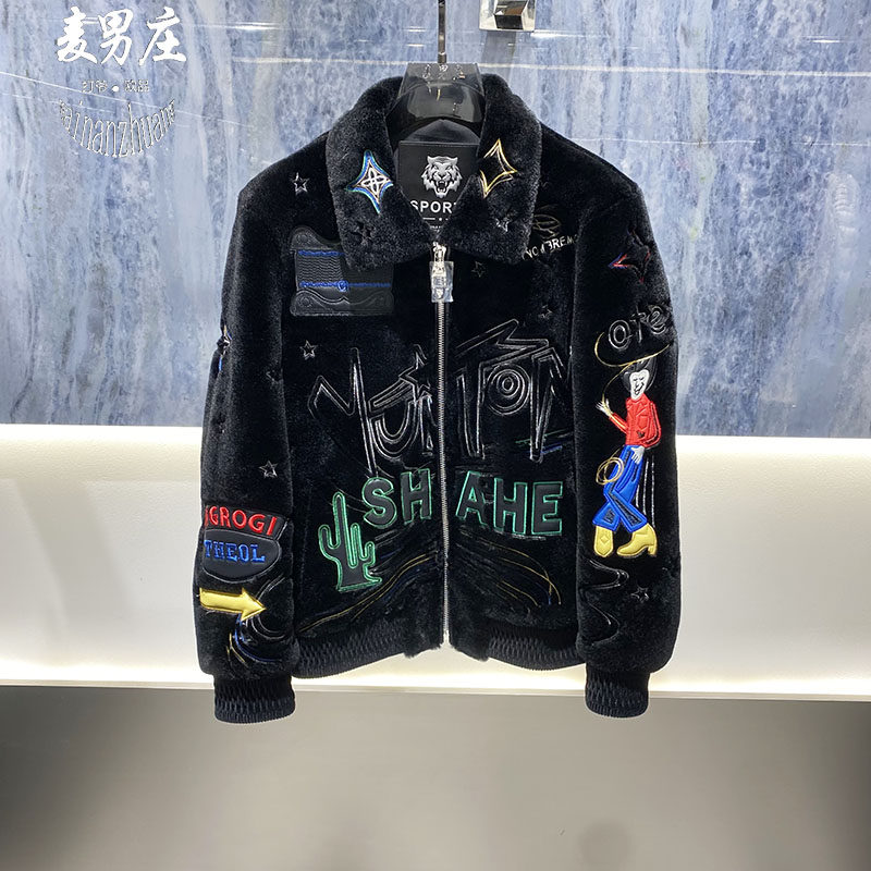 高端欧货男士冬季新款25重工刺绣字母多标澳羊绒翻领夹克外套个性