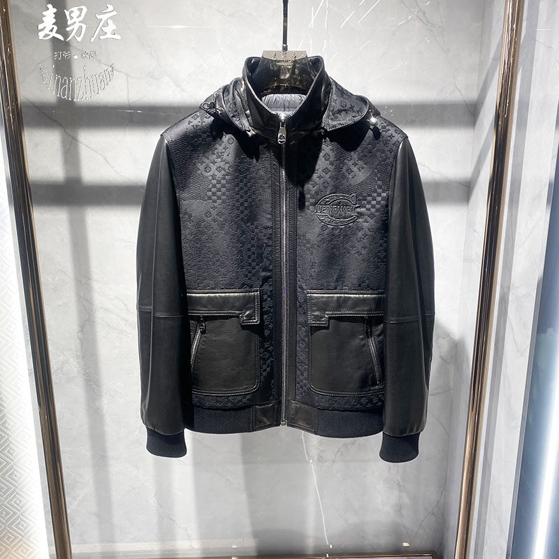 真皮连帽羽绒服短款轻奢