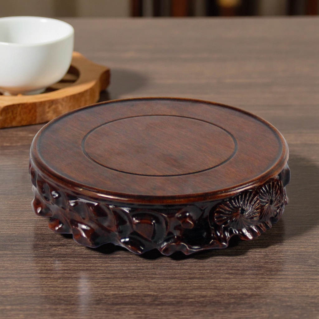 圆形水晶陶瓷聚宝盆底座实木支架子工艺品摆件石头奇石佛像鱼缸