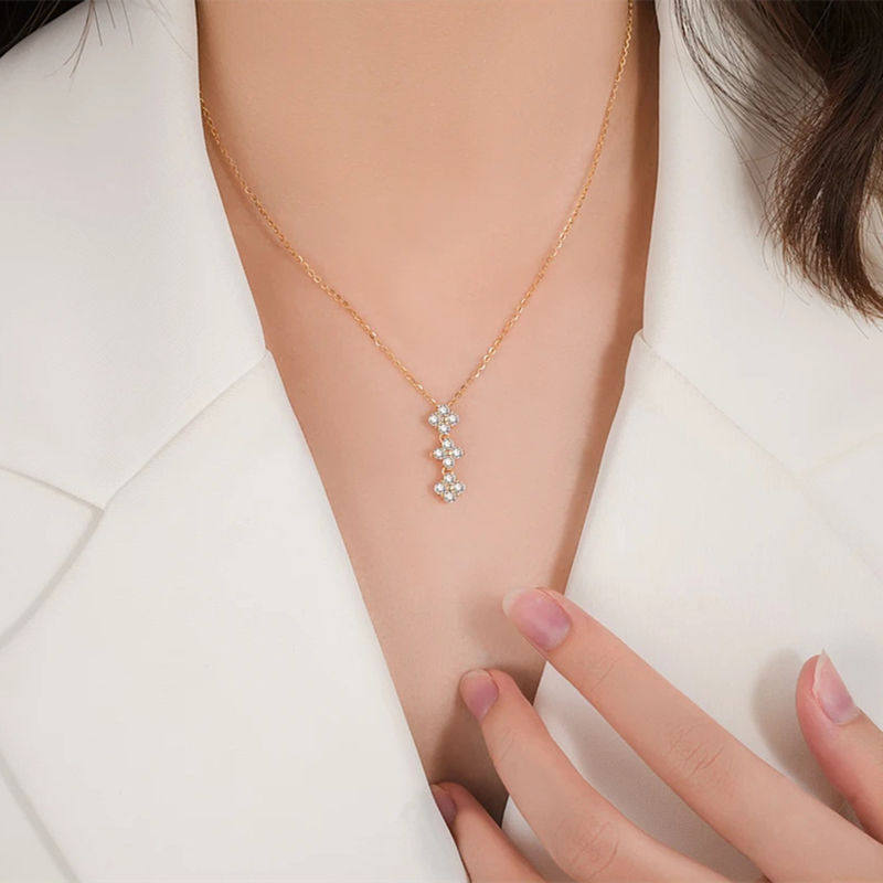 S925银满钻爱心四叶草项链女