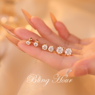 莫桑钻牛角螺丝耳钉女S925银镀18K金高级感玫瑰金色莫桑石耳环