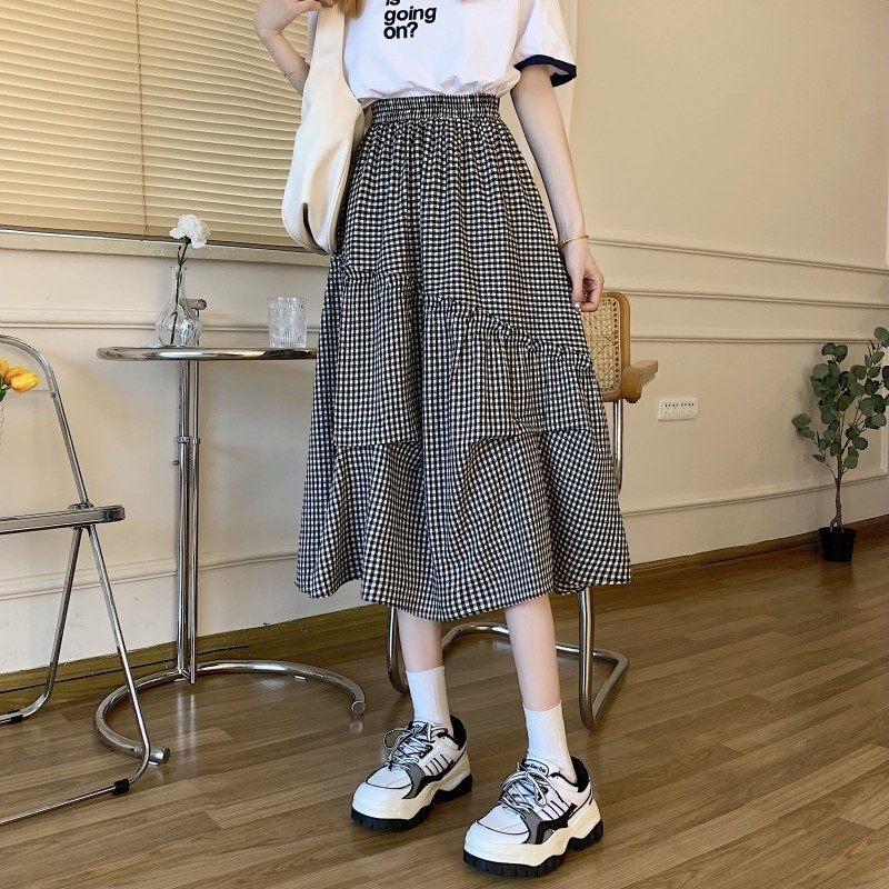 棉麻格子半身裙春夏高腰春季新款学院风复古拼接a字格纹中长裙子