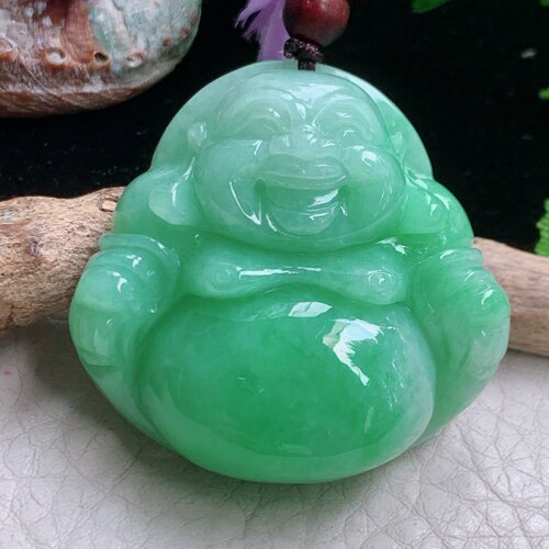 zen实拍37.8*39.8*13.2缅甸翡翠a货精雕饱满满绿水润佛公玉挂件
