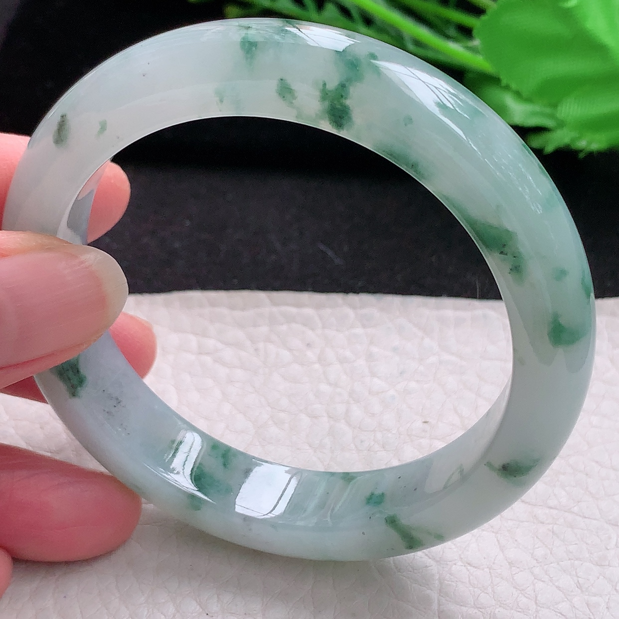 nr自然光57*12.5*9平安镯 翡翠a货玉手镯冰飘花宽边珠宝玉手环