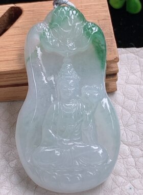 rp实拍45*25*5.6天然缅甸翡翠冰飘花持莲观音 大势至吊坠 玉挂件