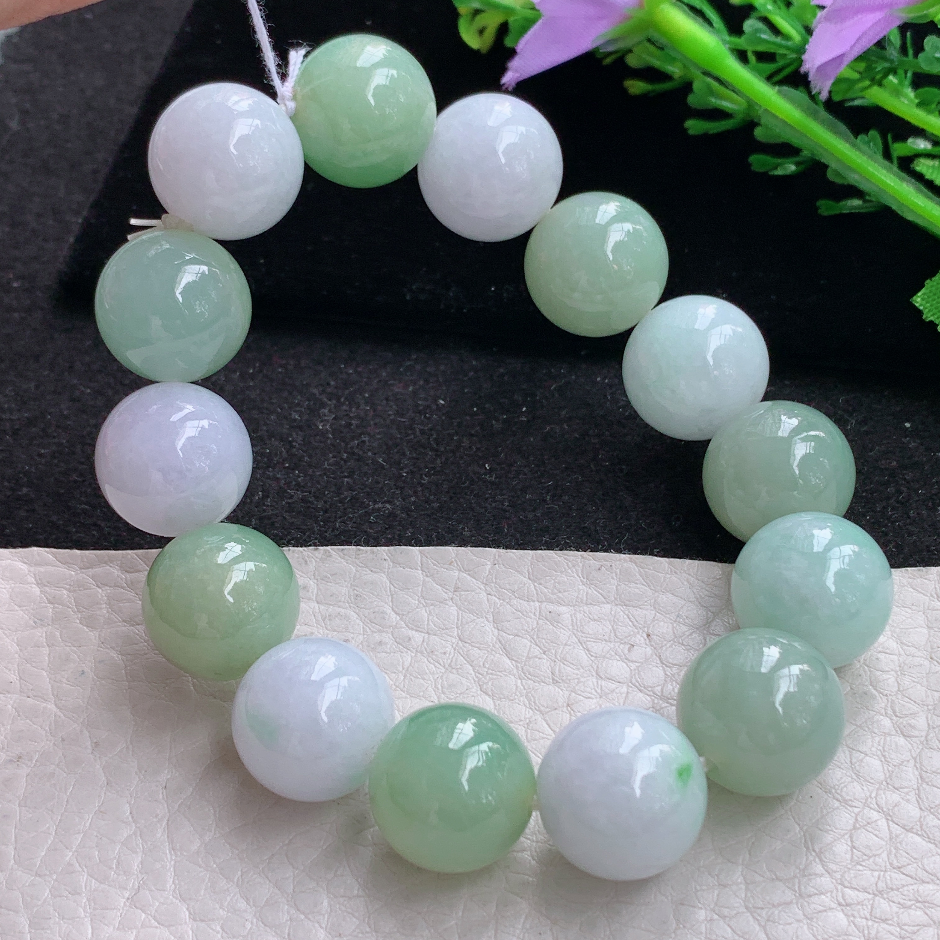 ss自然光15.4mm天然缅甸翡翠双彩大颗粒 圆珠玉手链  玉手串 14颗