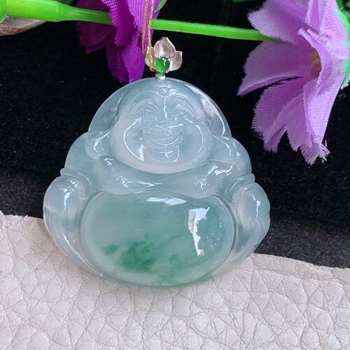 ws实拍31.2*33.8*6缅甸翡翠精雕冰飘花佛公 开心佛玉吊坠 玉挂件
