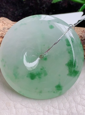 qxm实拍缅甸翡翠A货冰飘绿花平安扣 大平安扣玉吊坠32.8*5.5mm