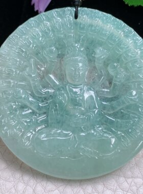 px实拍51*8缅甸翡翠精雕飘绿福在眼前圆牌玉挂件 玉吊坠