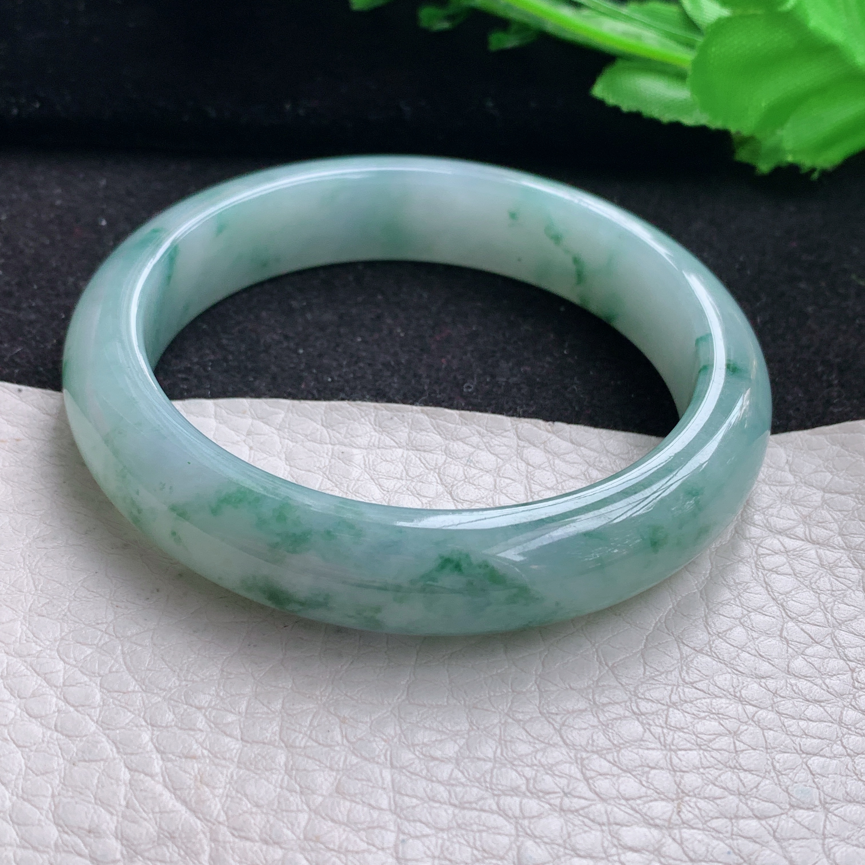 yh自然光57*12.6*8.5平安镯 缅甸翡翠a货玉手镯冰飘花宽边玉手环