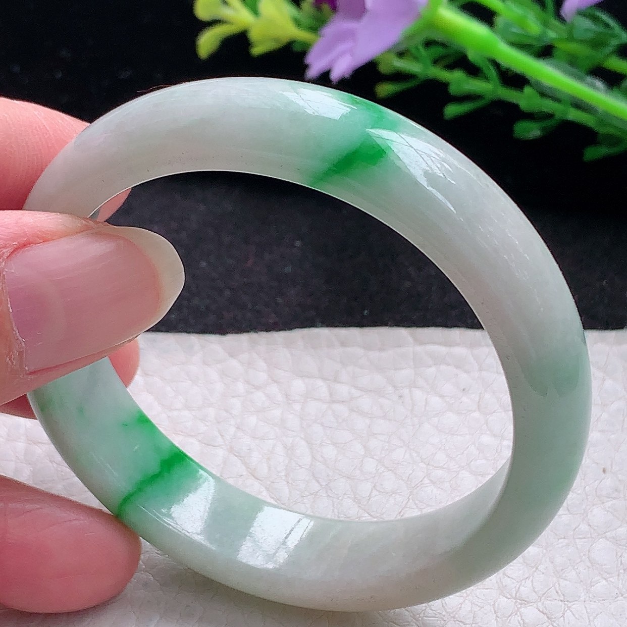 xx小圈口51*12.3*6.8平安镯 翡翠a货玉手镯飘绿宽边珠宝玉手环