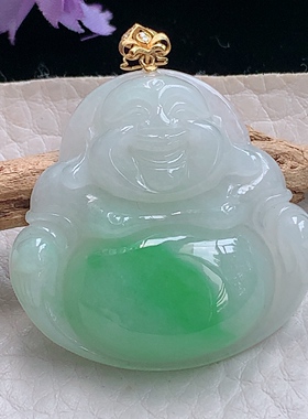 zzx实拍35.4*36.4*7.7缅甸翡翠精雕饱满飘绿大佛公 开心佛玉吊坠