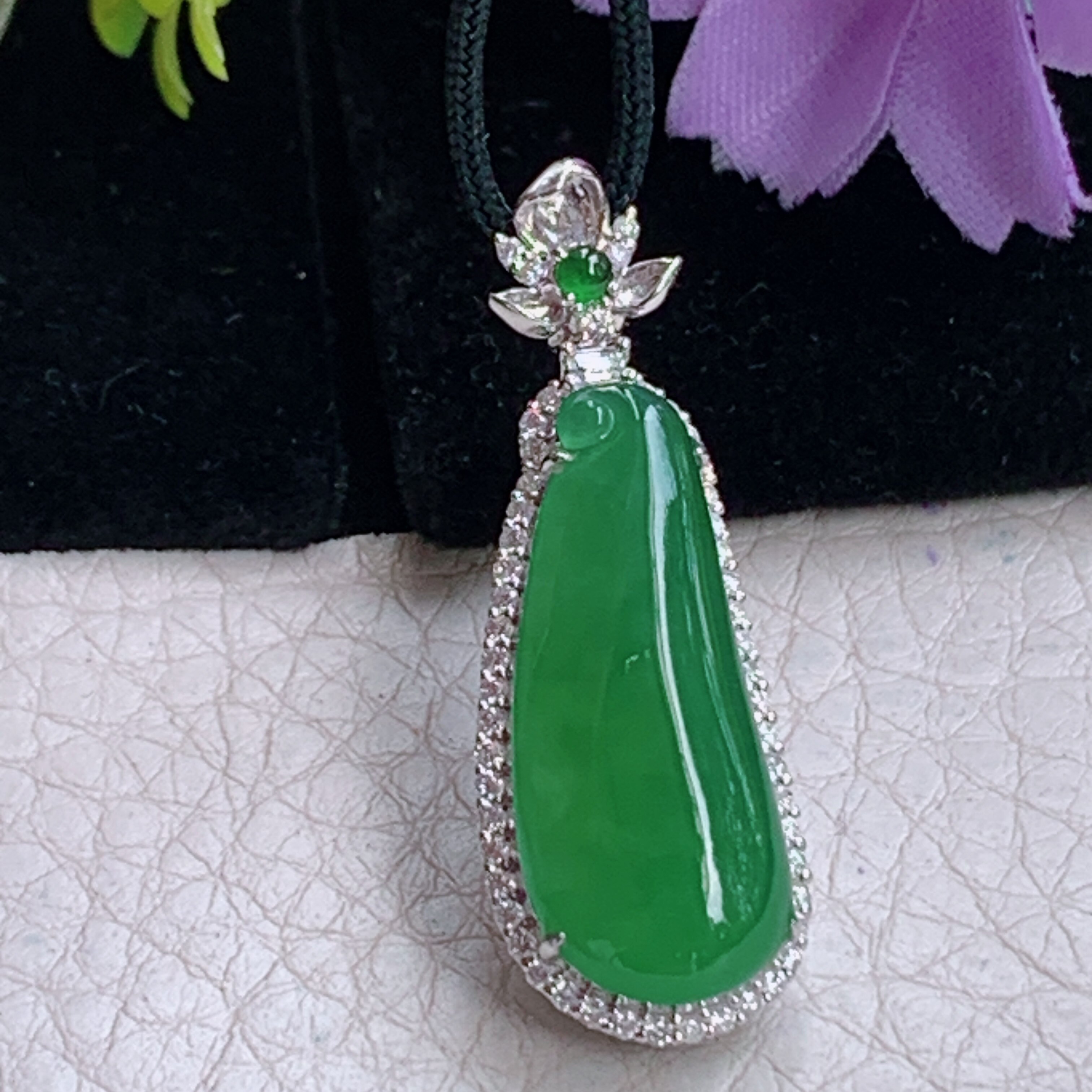 zz3实拍连金36.5*13*7.7缅甸翡翠满绿18k金镶嵌福瓜吊坠女锁骨坠