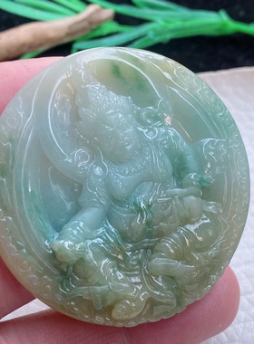 ktj自然光缅甸翡翠A货胶感三彩黄财神玉坠 尺寸50.5*8.2mm