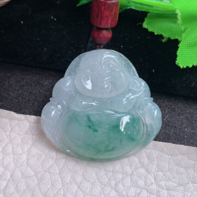 Zen实拍33.5*35.8*6缅甸翡翠精雕冰飘花饱满佛公 弥勒佛玉吊坠
