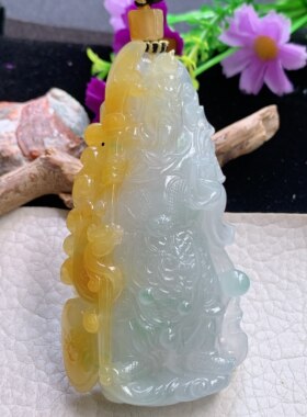yl实拍83*44*15缅甸翡翠a货精雕冰三彩关公 关二爷玉吊坠 手把件