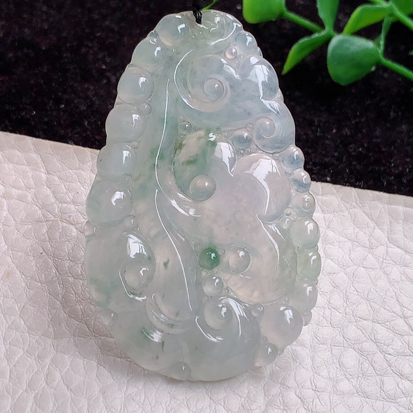 zen实拍缅甸翡翠A货冰胶飘花如意灵芝玉挂件 吊坠58.3*37.5*4.3mm