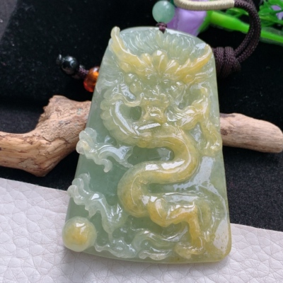 zen自然光64.8*43.3*12.6天然缅甸翡翠冰双彩霸气龙牌男吊坠黄翡