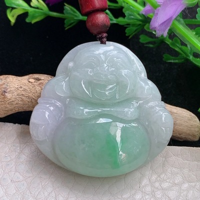 zen自然光37.8*39.6*9天然缅甸翡翠飘绿佛公 弥勒佛玉吊坠 玉挂件
