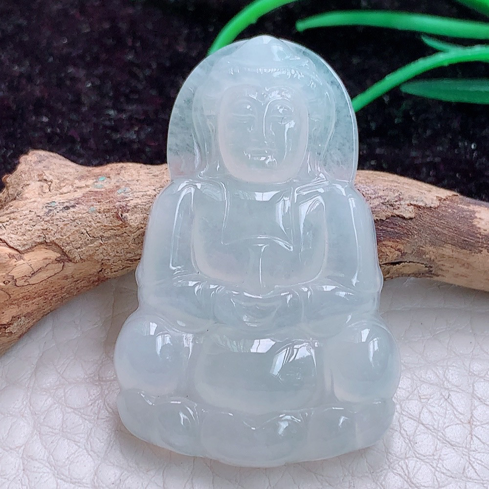 f9缅甸翡翠A货正庄观音菩萨白冰赐福净瓶观音玉吊坠44.3*29*6.3mm