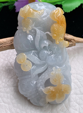 ws实拍65.4*35.8*19.3缅甸翡翠黄翡精雕双彩莲年有鱼玉吊坠荷叶鱼