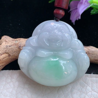 zen实拍38.2*40.3*12.8天然缅甸翡翠飘绿淡紫佛公吊坠 大肚弥勒佛