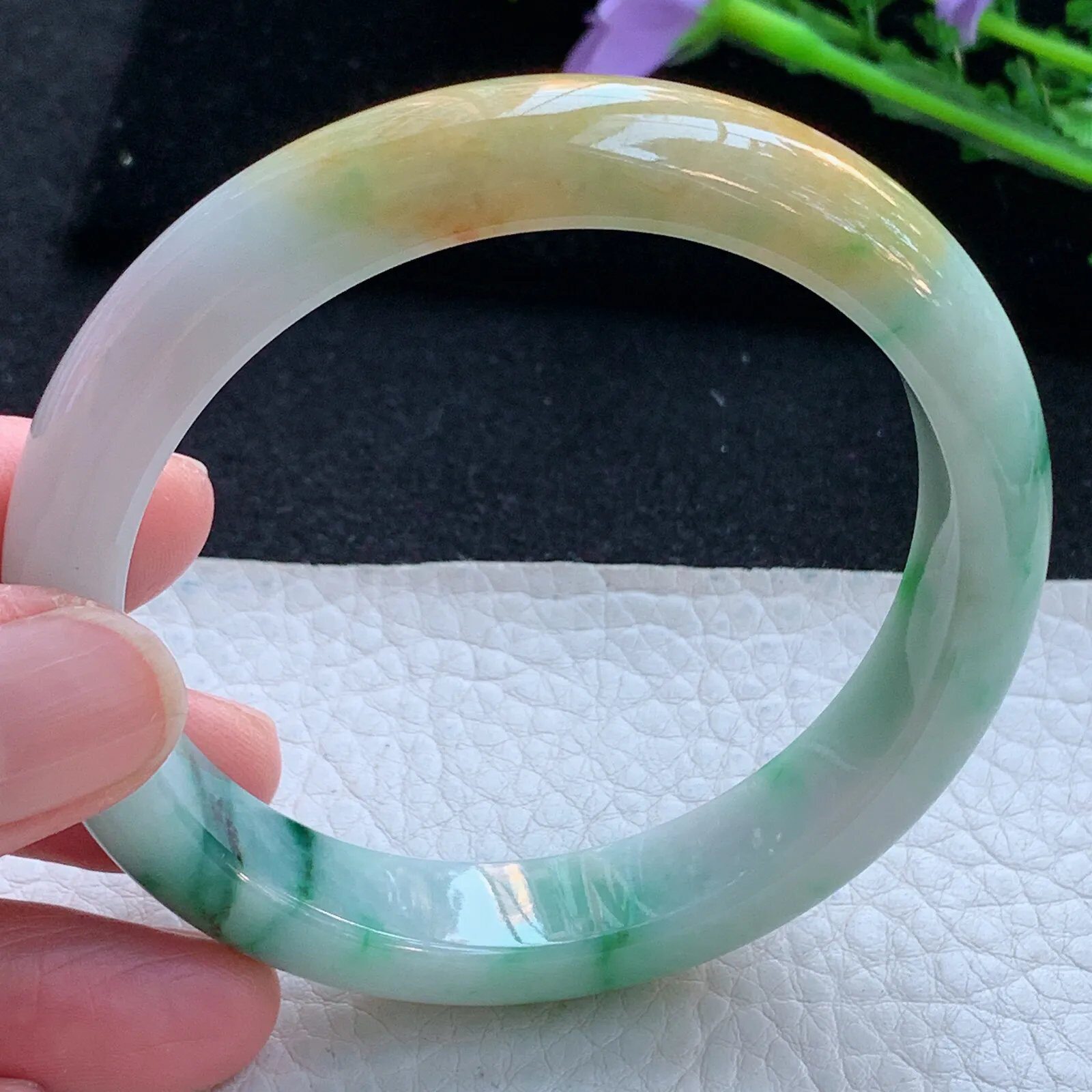 h自然光57.5*12*8平安镯 缅甸翡翠a货玉手镯三彩正圈宽边玉手环