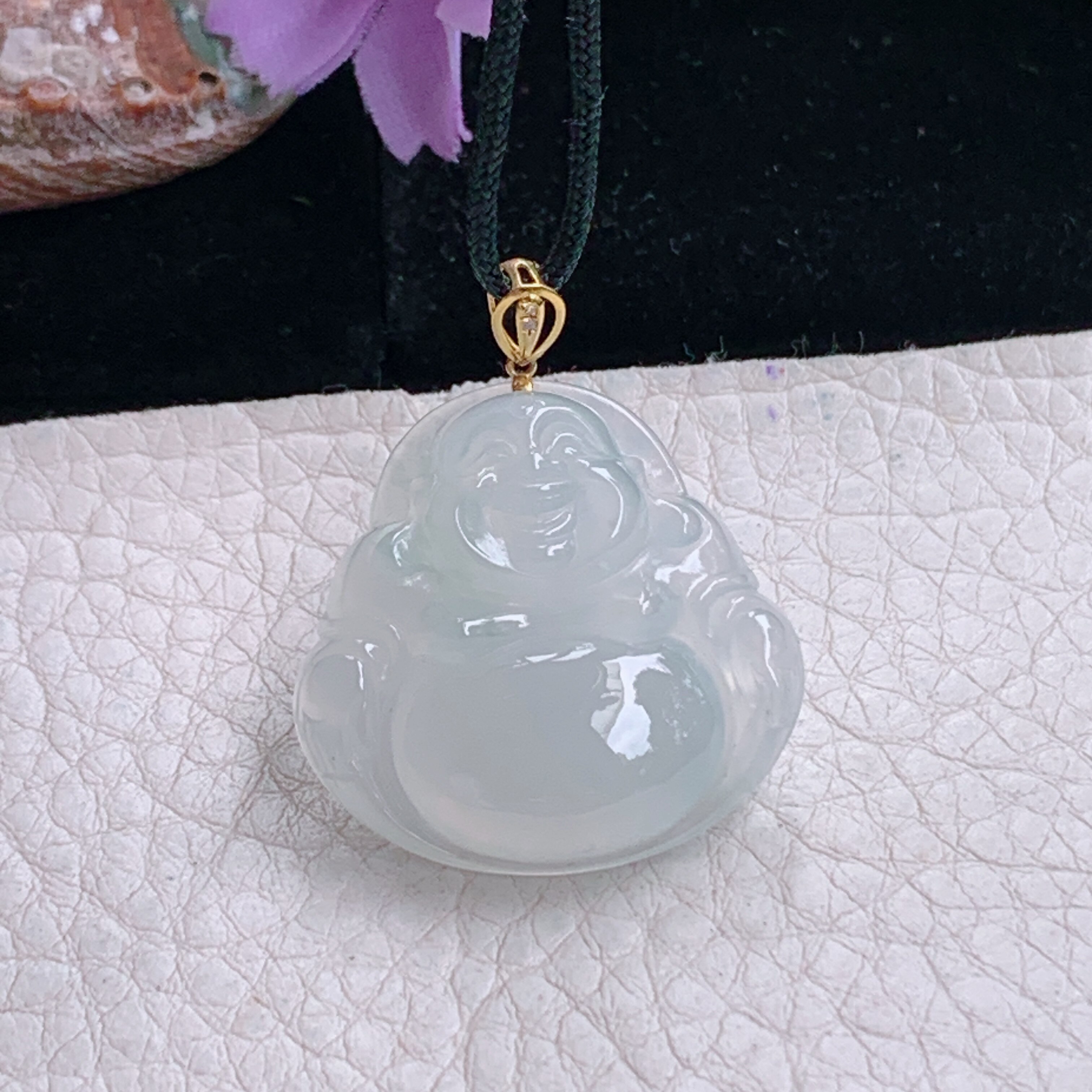 zz3实拍27*28*6.5缅甸翡翠白冰佛公吊坠 白月光镶金扣弥勒佛玉坠