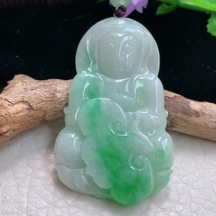 玉观音玉吊坠 6缅甸翡翠飘绿正庄观音 玉挂件 31.2 zen实拍48.8