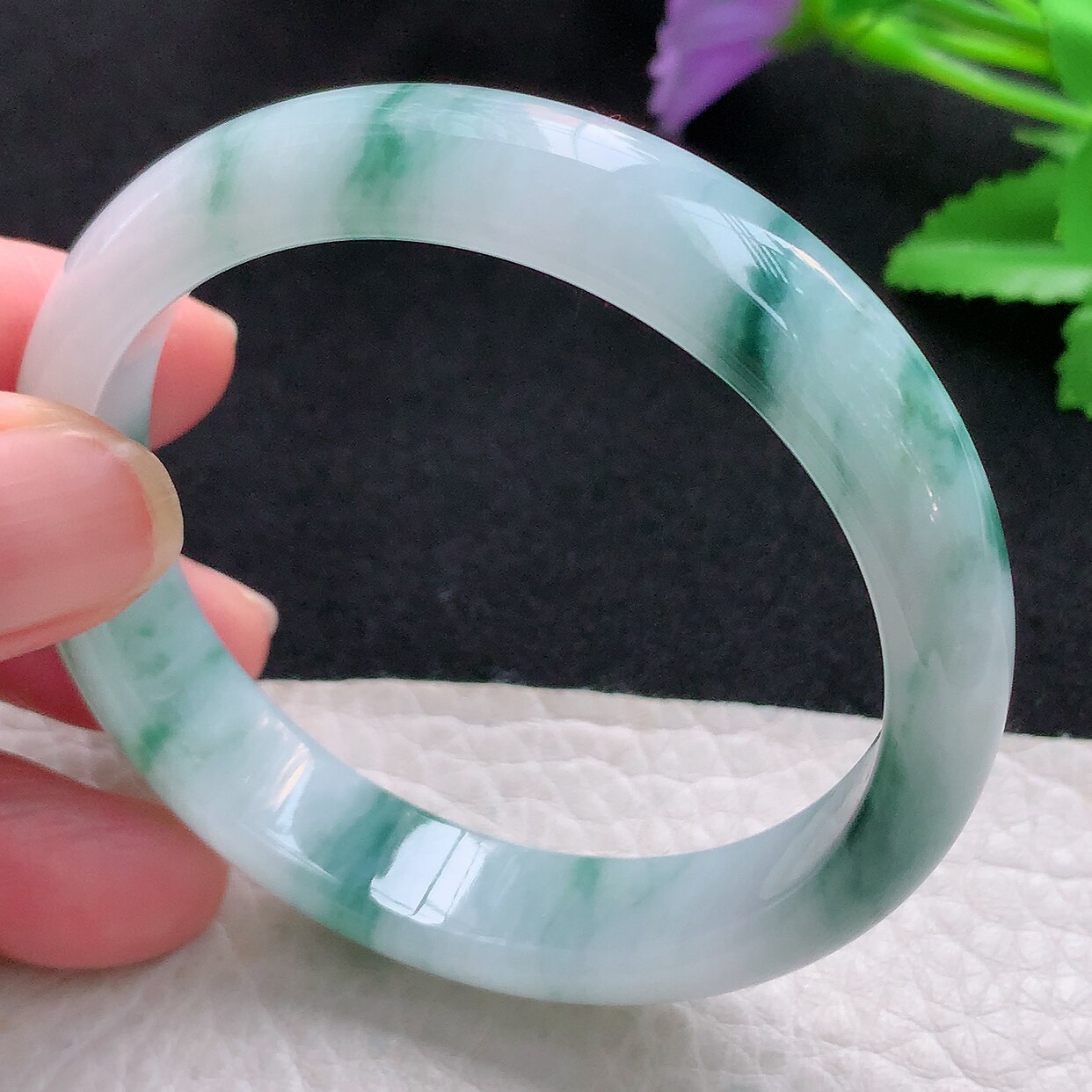 qn实拍53.5*12.2*7平安镯 老坑天然翡翠飘花秀气宽边玉手镯玉手环
