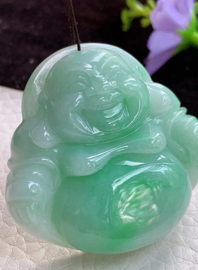 zen实拍44.6*47.2*13天然翡翠飘绿大佛公 开心弥勒佛玉吊坠玉挂件