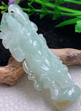 kh 75.3*27*12.5天然翡翠关公吊坠冰透精雕立体关公 关二爷玉吊坠