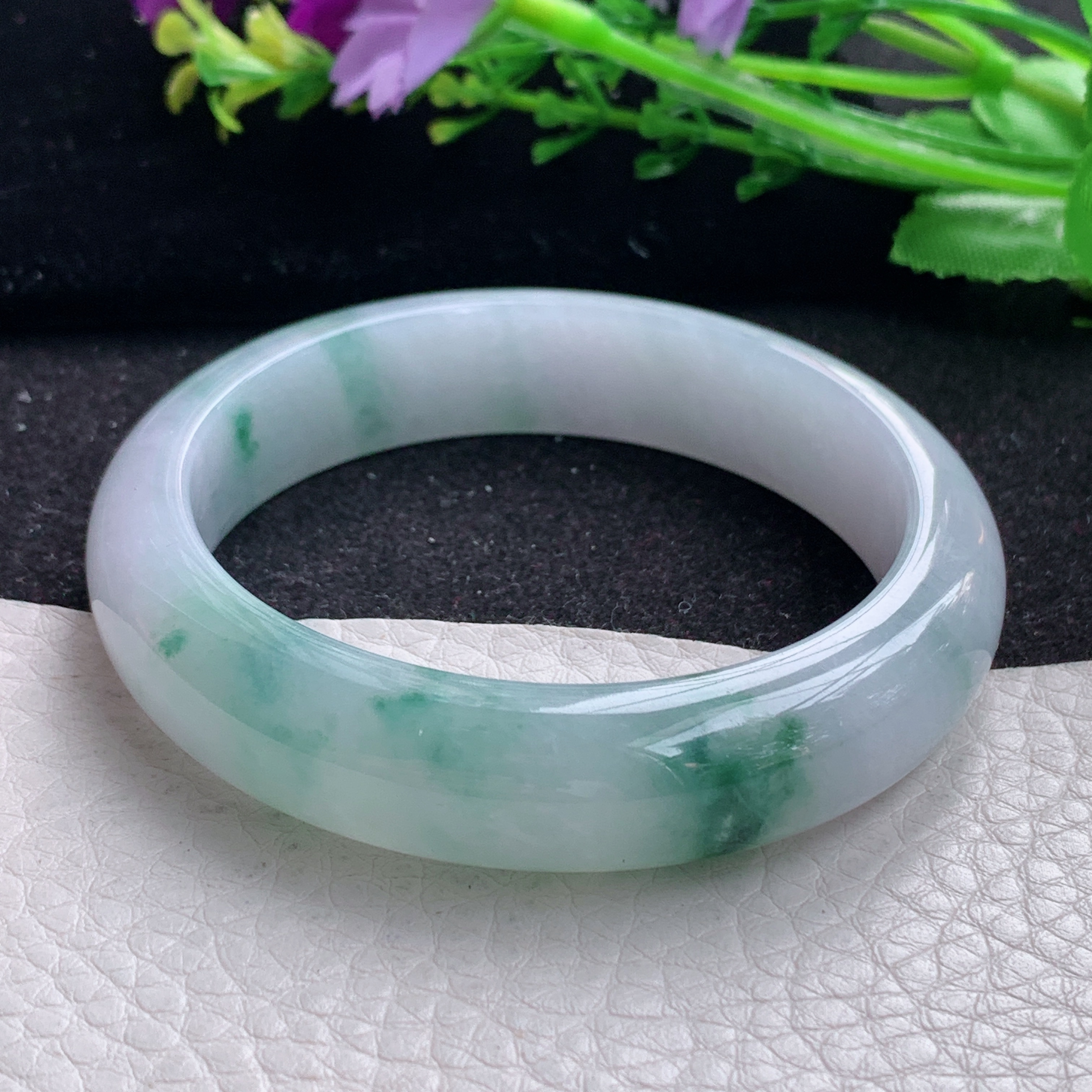 mq自然光55*13.3*8平安镯 缅甸翡翠a货玉手镯冰飘花宽边玉手环