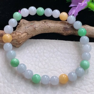 zen实拍6.7mm翡翠A货精雕水润三彩圆珠玉手链 玉手串女生手饰