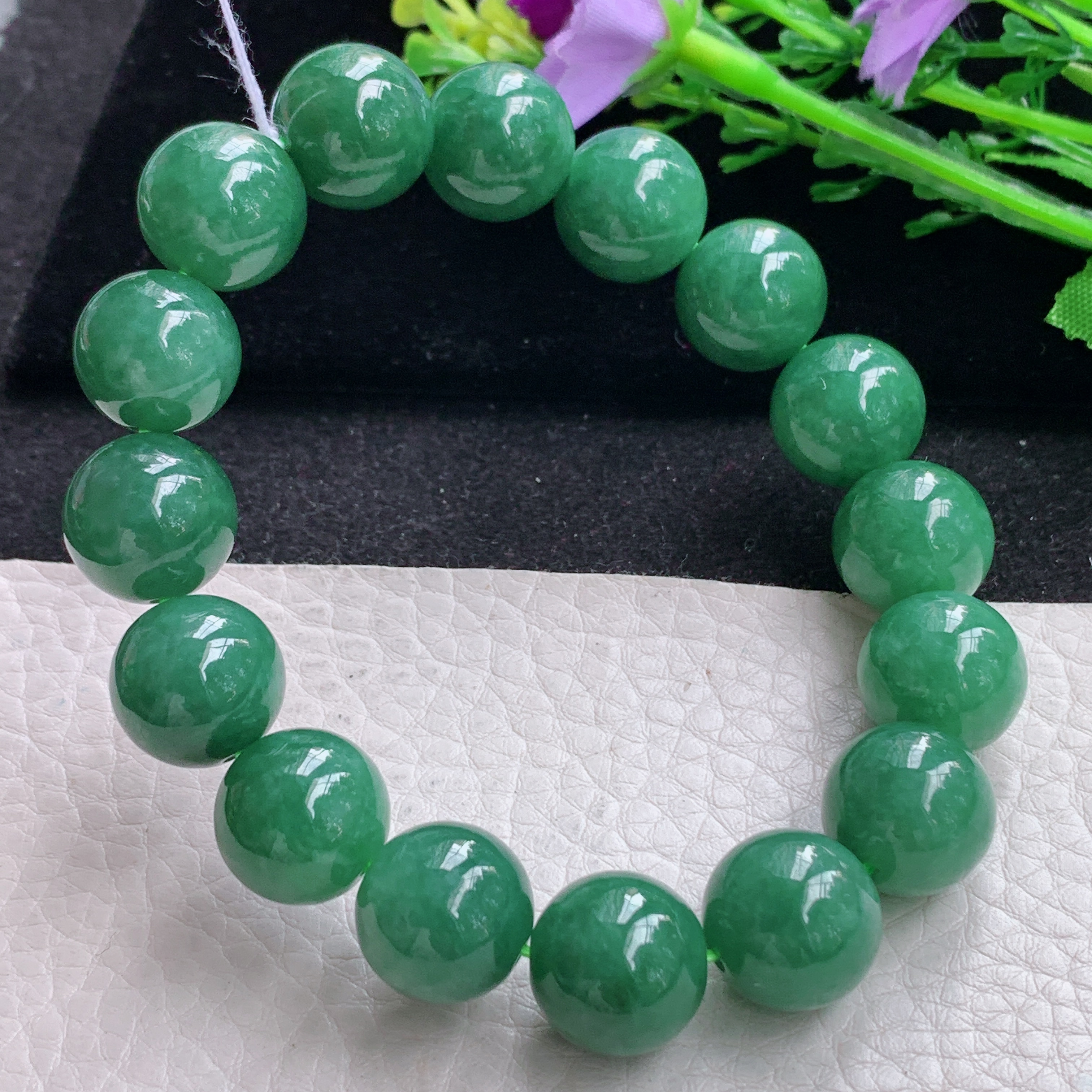 ss自然光14mm天然缅甸翡翠a货满绿水润圆珠玉手链  玉手串 16颗