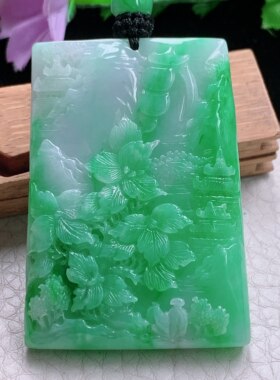 Cys实拍52.8*37.5*8天然缅甸翡翠满绿山水牌吊坠锦绣山川