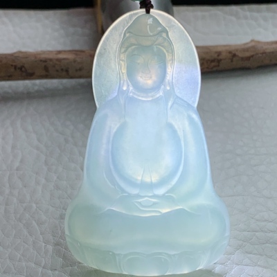 gp实拍63.6*40.2*6缅甸翡翠精雕冰透纯素衣观音吊坠招财菩萨玉坠