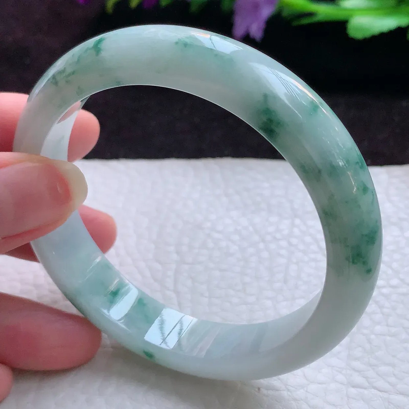 js实拍58*13*8平安镯 天然缅甸精美飘花宽边翡翠玉手镯 玉手环