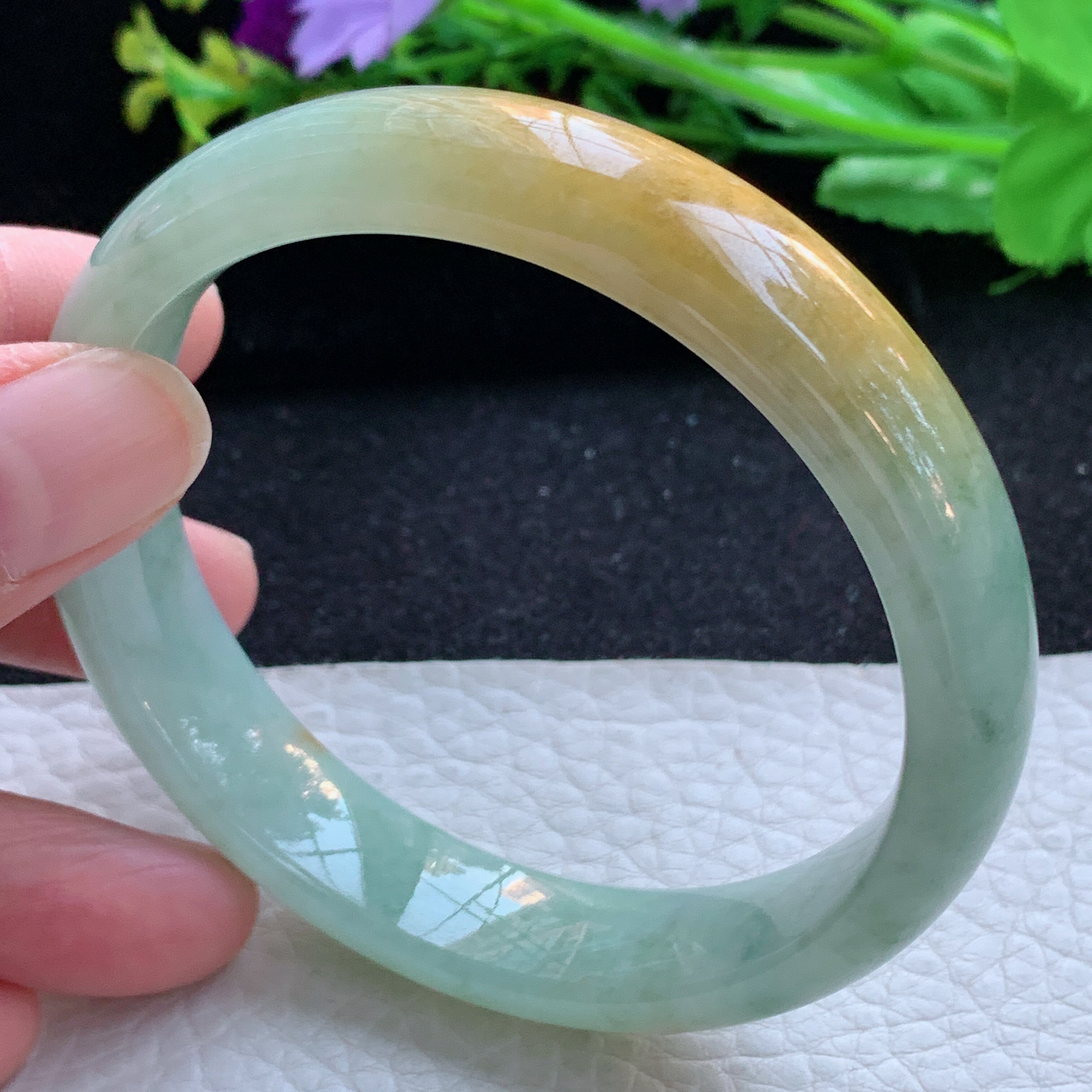 hh大圈口60*13.3*7.4招财镯 缅甸翡翠玉手镯冰双彩飘花宽边玉手环