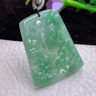 Zen实拍39.3*32*5缅甸翡翠山水牌胶感油绿一路美好玉吊坠 玉挂件