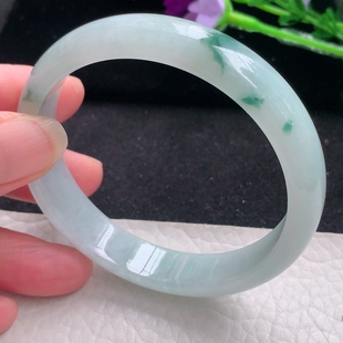 缅甸翡翠A货飘花宽边玉手镯玉手环 6.3平安镯 jm自然光56.7